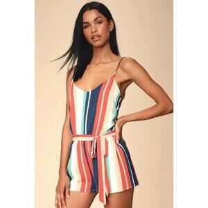 Lulus Sunny State Navy Multi Striped Backless Romper Blue - NEVER WORN**